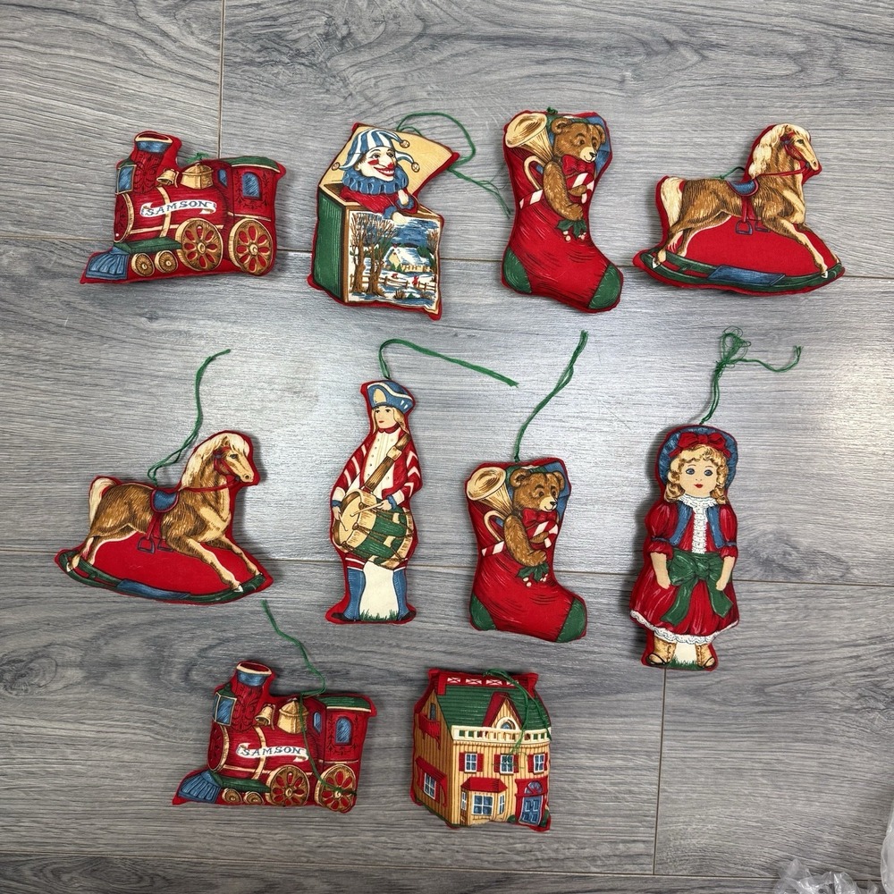 Vintage Handmade Fabric Christmas Ornaments‎ Lot Of 10 Train Bear Stocking 4-6"